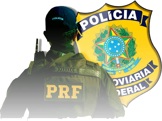 Policial rodoviário federal em serviço ao lado do brasão da PRF